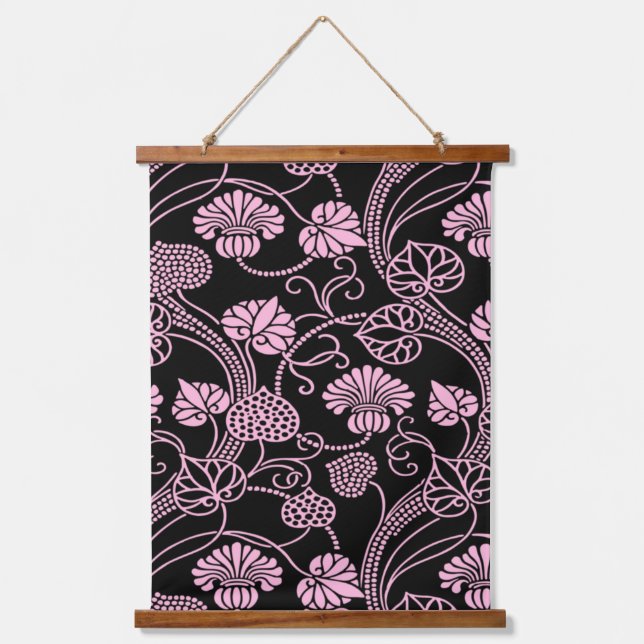 Retro Floral Pattern Pink on Black Hanging Tapestry (Front)