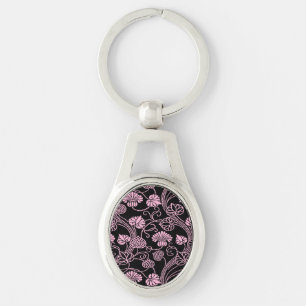 Retro Floral Pattern Pink on Black Key Ring