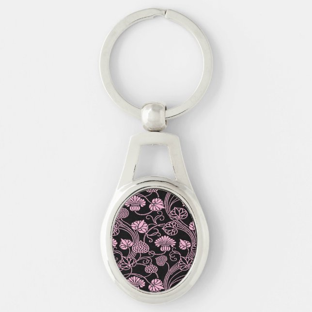 Retro Floral Pattern Pink on Black Key Ring (Front)