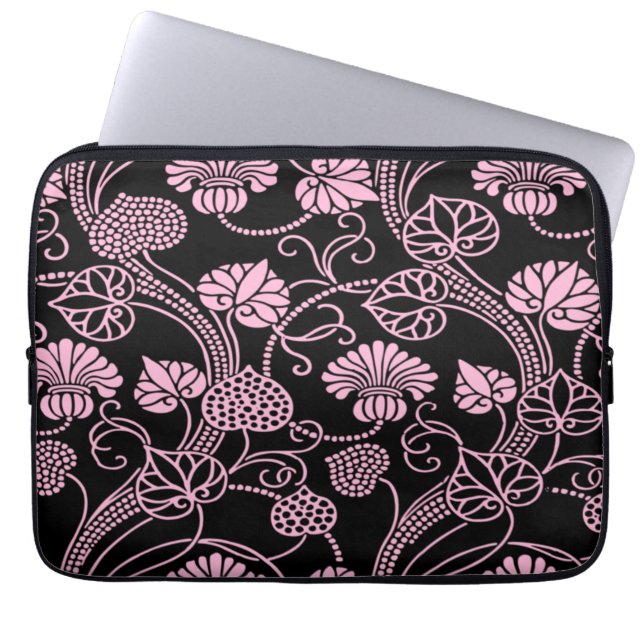 Retro Floral Pattern Pink on Black Laptop Sleeve (Front)