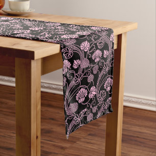 Retro Floral Pattern Pink on Black Long Table Runner