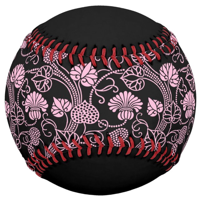 Retro Floral Pattern Pink on Black Softball (Front)