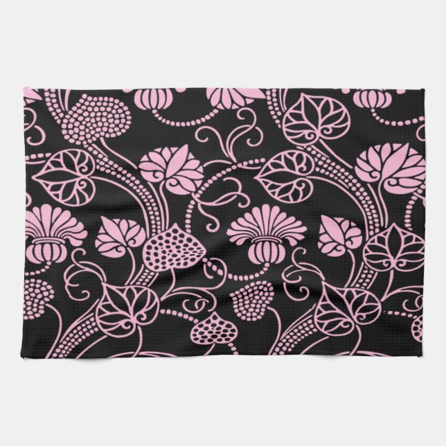 Retro Floral Pattern Pink on Black Tea Towel (Horizontal)