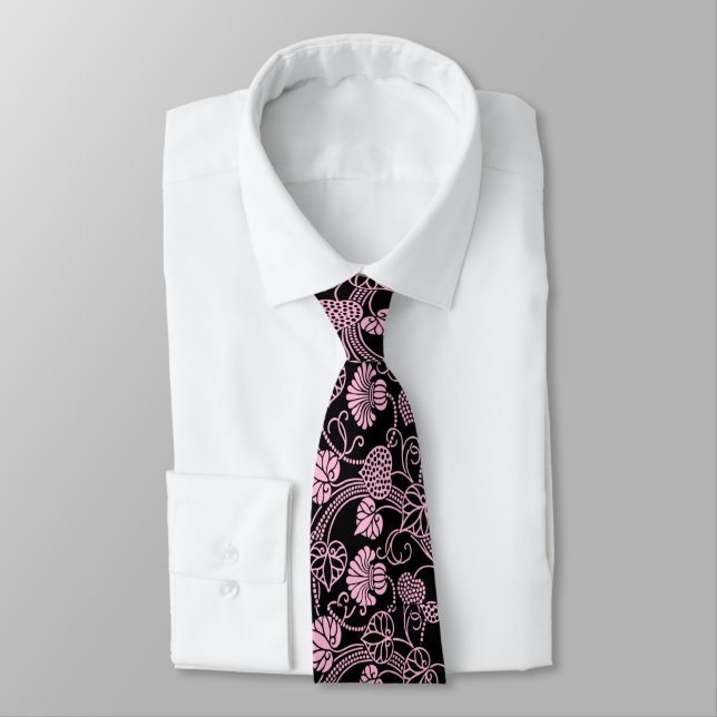 Retro Floral Pattern Pink on Black Tie (Tied)