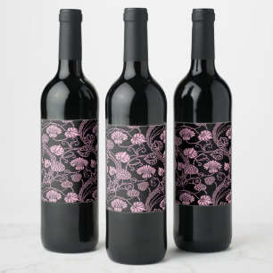 Retro Floral Pattern Pink on Black Wine Label