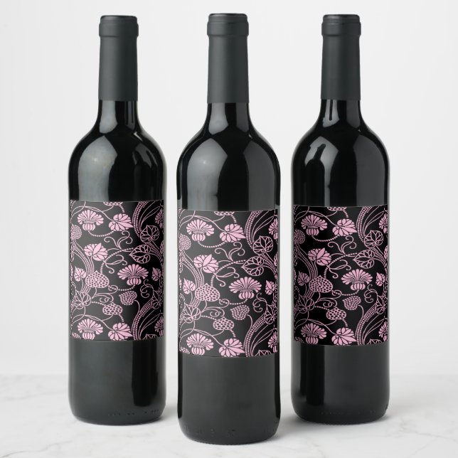 Retro Floral Pattern Pink on Black Wine Label (Bottles)