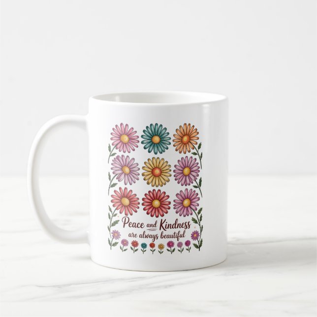 Retro Floral Peace and Kindness Coffee Mug (Left)