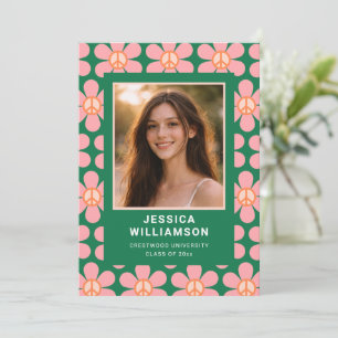 Retro Floral Peace Pink Green Fun Graduation Party Invitation