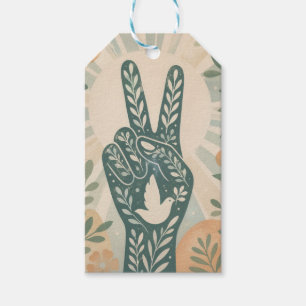 Retro Floral Peace Sign & Dove Art Botanical Sun Gift Tags