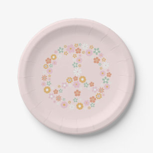 Retro Floral Peace Sign Paper Plate