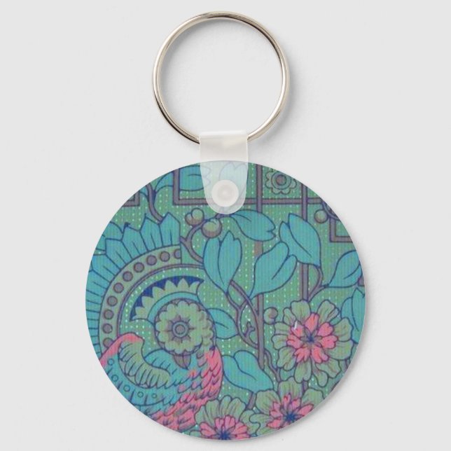 Retro Floral Peacock Key Ring (Front)