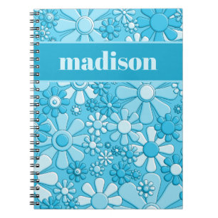 Retro Floral Personalised 60s Aesthetic Blue Notebook
