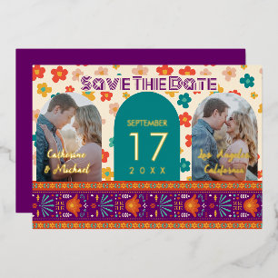 Retro Floral Personalised Two Photo Arch Magenta