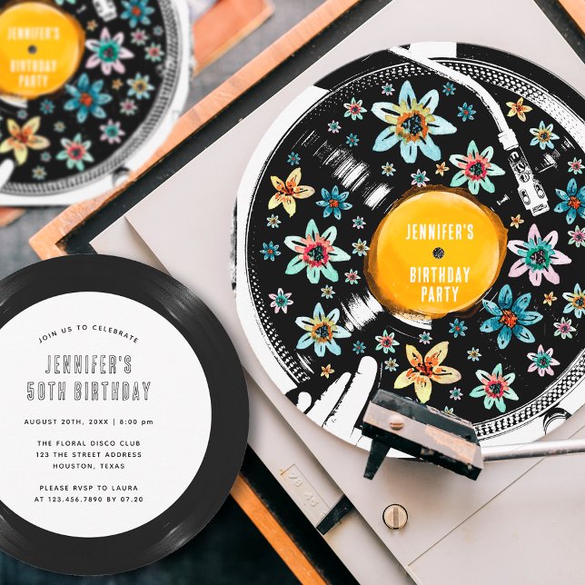 Retro Floral Personalised Vinyl Record Invitation (Creator Uploaded)