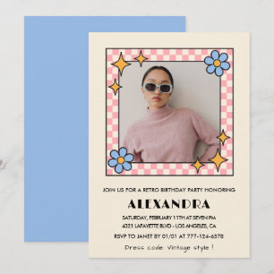 Retro  Floral Photo 34th birthday invitation Blue