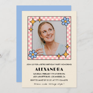 Retro  Floral Photo 56th birthday invitation Blue