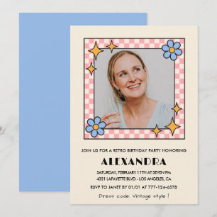 Retro  Floral Photo 64th birthday invitation Blue