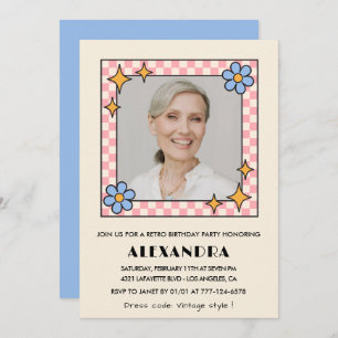 Retro  Floral Photo 77th birthday invitation Blue