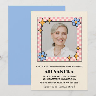 Retro  Floral Photo 86th birthday invitation Blue