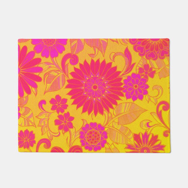 Retro Floral Pink and Yellow Doormat (Front)