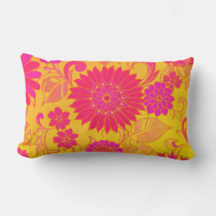 Retro Floral Pink and Yellow Lumbar Cushion