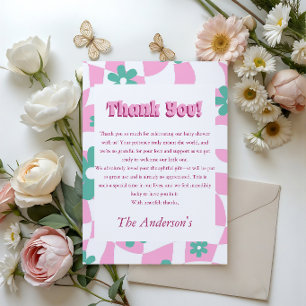 Retro Floral Pink Chequerboard Baby Shower Thank You Card