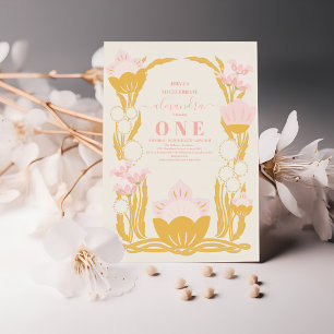 Retro Floral Pink Gold 1st Birthday Invitation