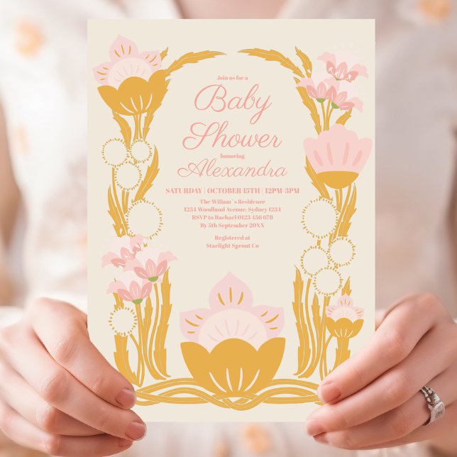 Retro Floral Pink Gold Art Nouveau Baby Shower Invitation (Creator Uploaded)