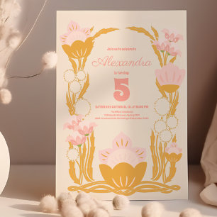 Retro Floral Pink Gold kids Birthday Invitation