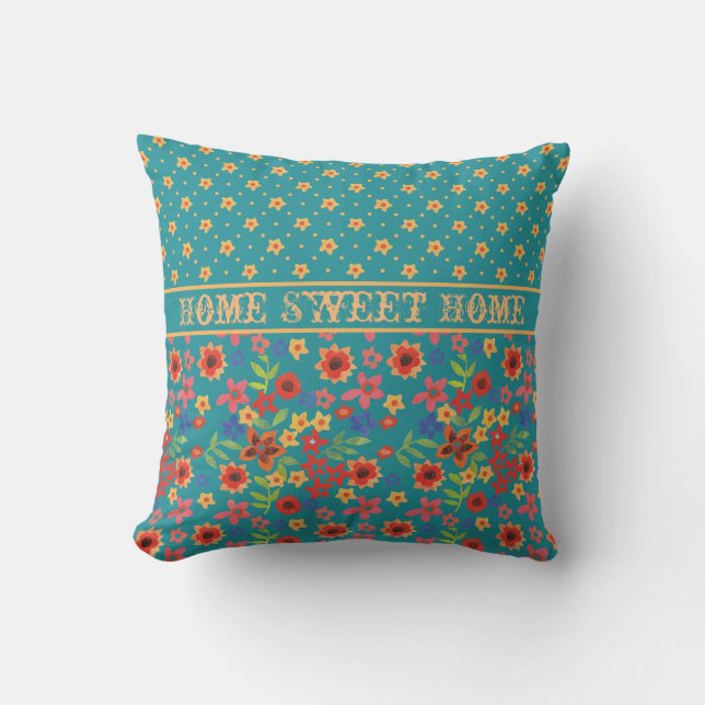 Retro Floral Prints on Teal with Home Sweet Home Cushion (Front)