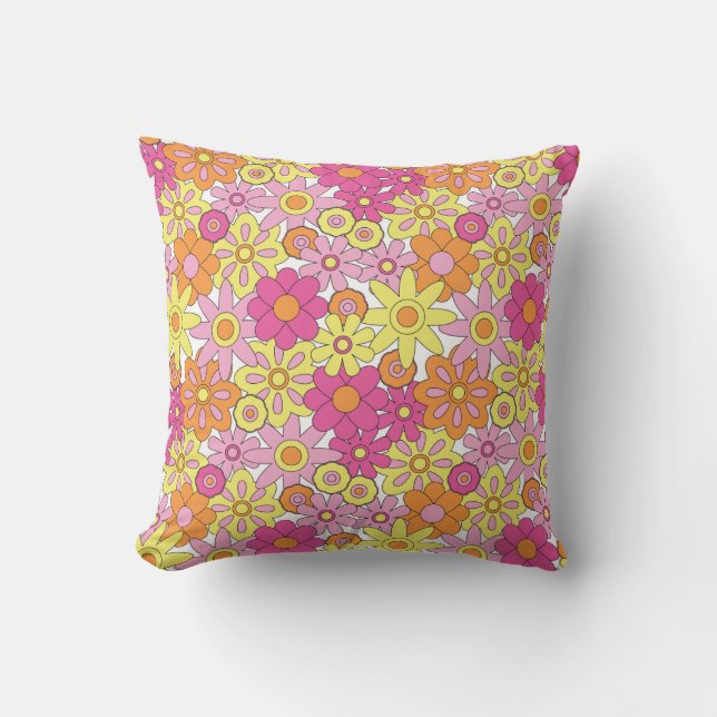 Retro Floral Psychedelic Cushion - 60s-70s Style (Front)
