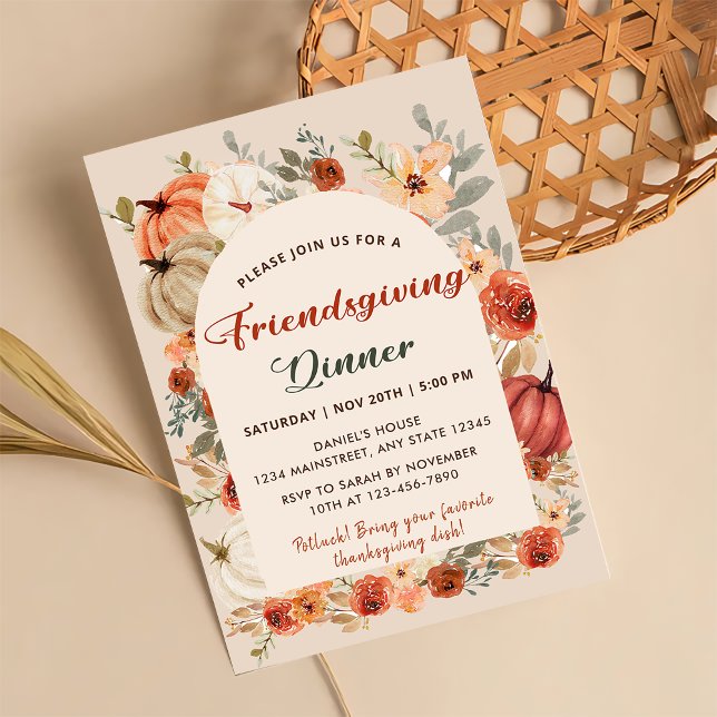 Retro Floral Pumpkin Friendsgiving Dinner Invitation (Creator Uploaded)