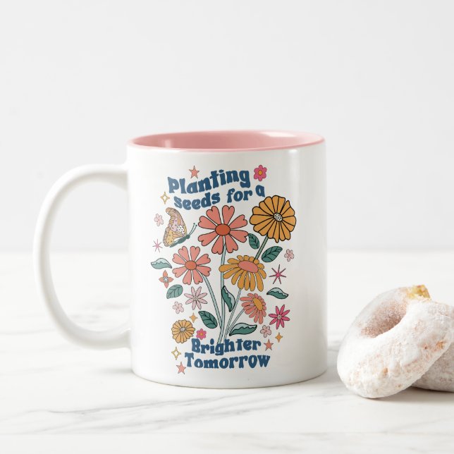 Retro Floral Quote  Two-Tone Coffee Mug (With Donut)