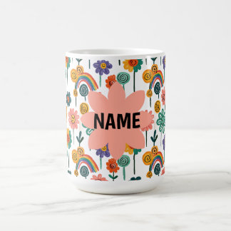 Retro Floral & Rainbow Doodle Custom Name Coffee M Mug