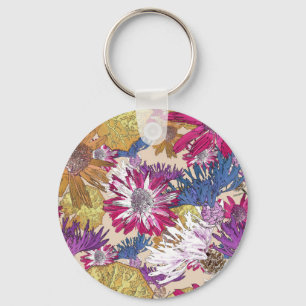 Retro, floral, red flowers, bouquet, blue flowers, key ring