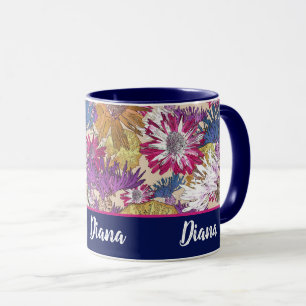Retro, floral, red flowers, bouquet, blue flowers, mug