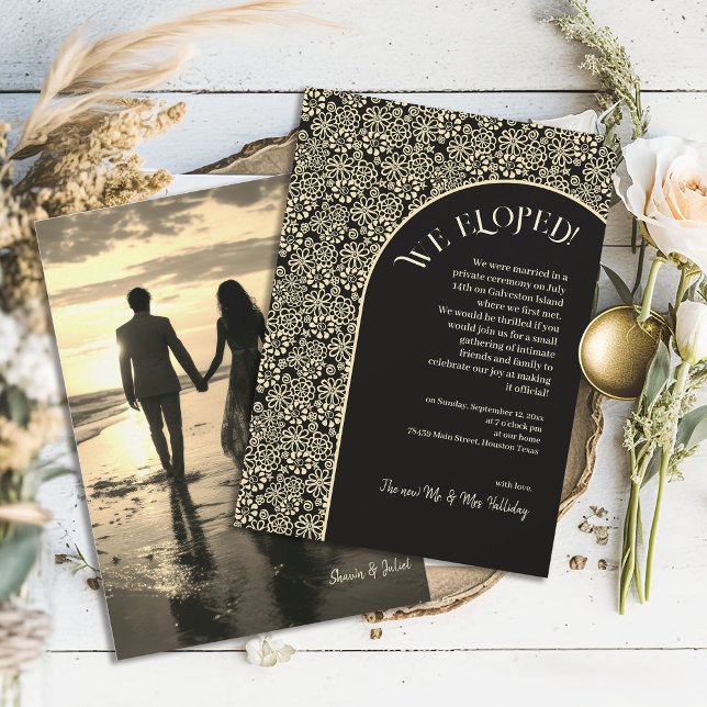 Retro Floral Refined Boho Cream Black We Eloped Invitation (Creator Uploaded)