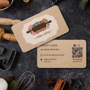 Retro floral Rolling pin Bakery Business Card