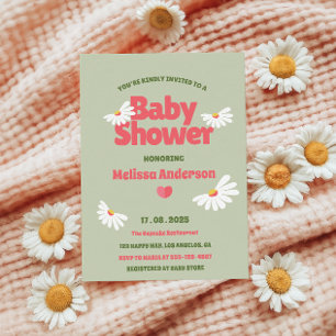 Retro Floral Sage Green Daisy Baby Shower  Invitation