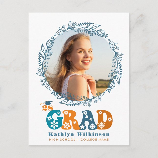 Retro Floral Script Elegant Wreath Photo Graduate Announcement Postcard (Front)