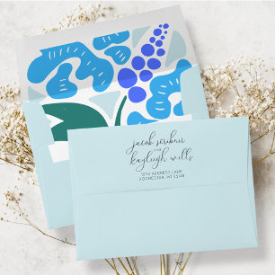 Retro Floral Sky Blue Script Wedding Invitation Envelope