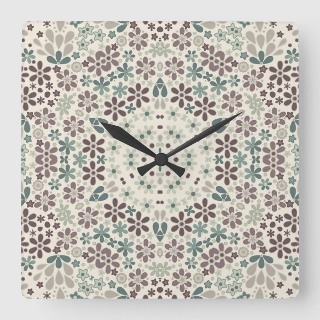Retro, floral square wall clock (Front)