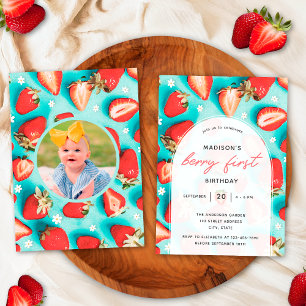Retro Floral Strawberry Berry First Birthday Photo Invitation