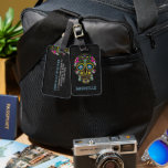 Retro Floral Sugar Skull Black Paisley Background Luggage Tag<br><div class="desc">Elegant black paisley background with colourful retro floral sugar skull.
 Blue and white custom typography.</div>