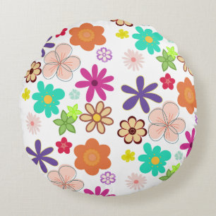 Retro Floral T-Shirt – Colorful Groovy Flowers Des Round Cushion