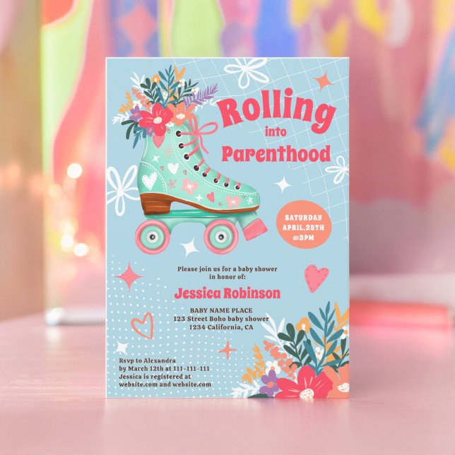Retro floral teal roller skate boho baby shower invitation (Retro floral teal roller skate boho baby shower invitation blue)