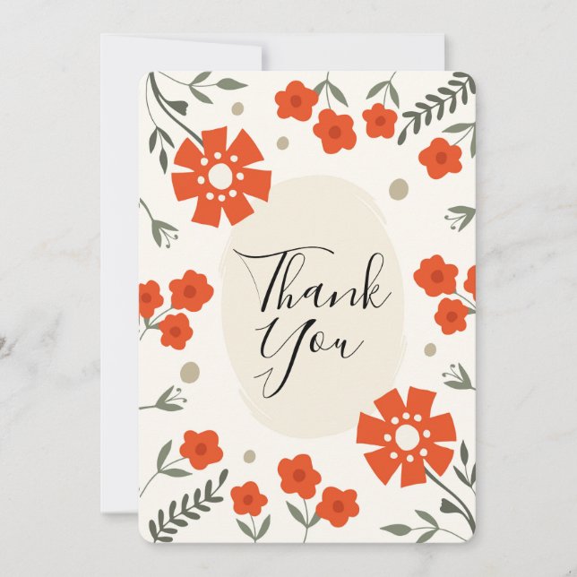 Retro Floral Thank You Card with orange flowers (Front)