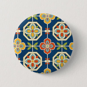 Retro Floral Tile Pattern Navy Blue Orange & Gold 6 Cm Round Badge