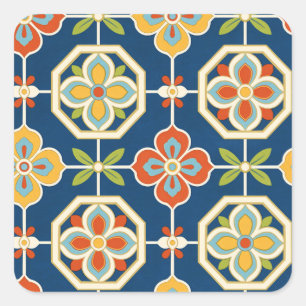Retro Floral Tile Pattern Square Sticker