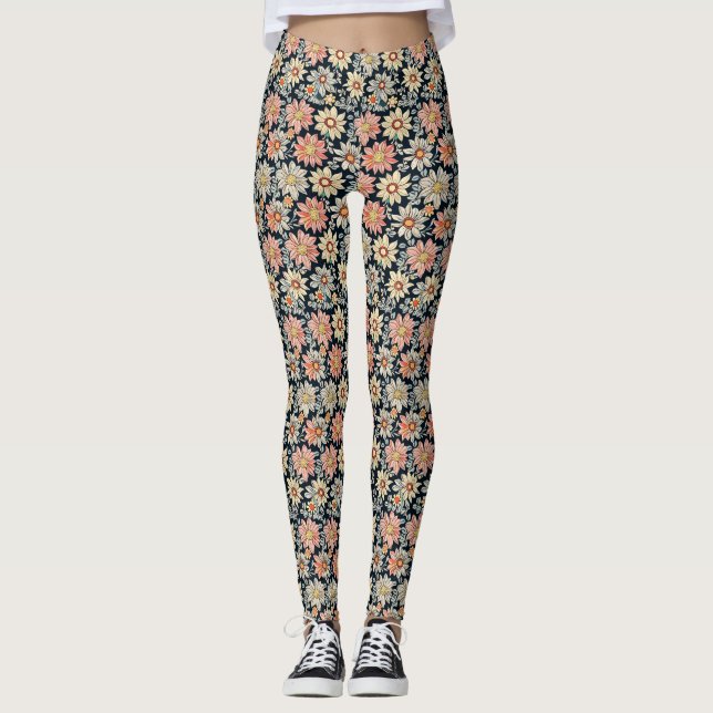 Retro Floral Vintage Daisy Print Leggings (Front)